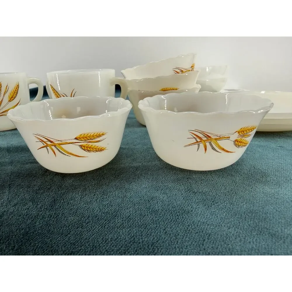 Fire King Ware Golden Wheat Dinnerware Vintage Milk Glass Mixed Lot 13 Pieces